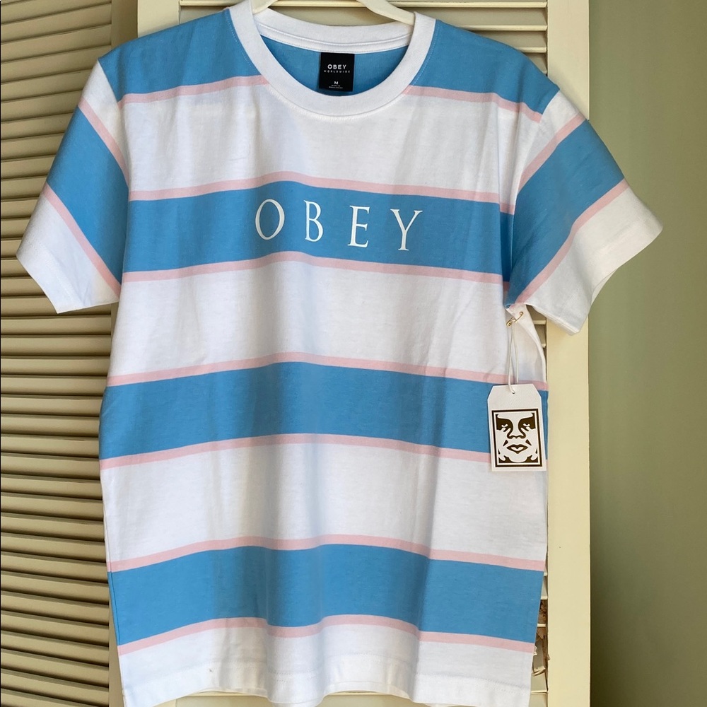Obey Blue, White, and Pink Striped Tee 
NOTE: colors are lighter than in photo